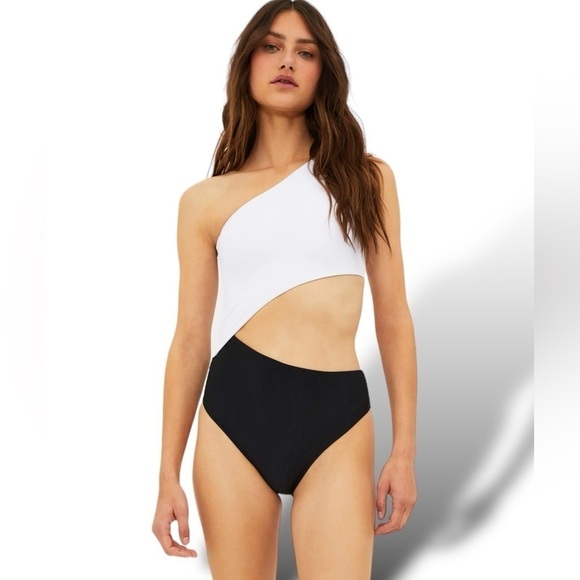 One Piece One Shoulder Cut Out Ribbed Midriff Cut-Out Swimsuit Black/Whi… - Picture 9 of 12